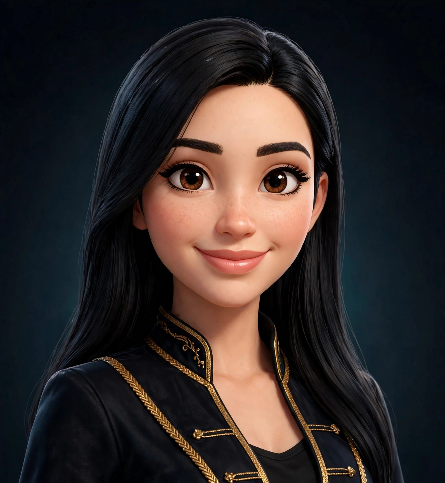 Nikki, with long straight black hair and a black uniform with gold trim